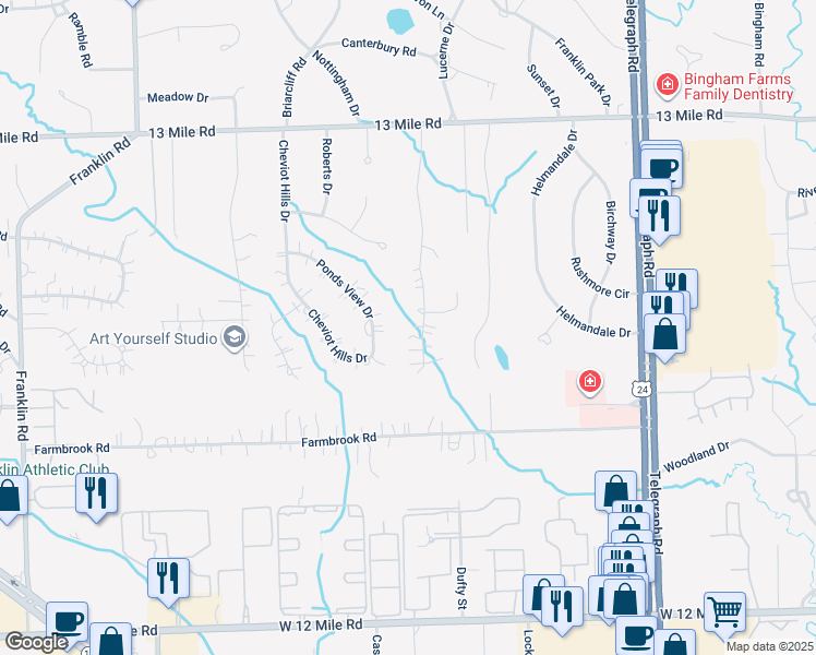 map of restaurants, bars, coffee shops, grocery stores, and more near 30239 Hickory Lane in Franklin