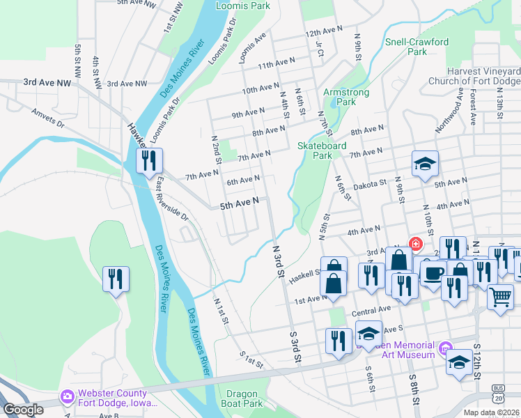 map of restaurants, bars, coffee shops, grocery stores, and more near 422 North 3rd Street in Fort Dodge