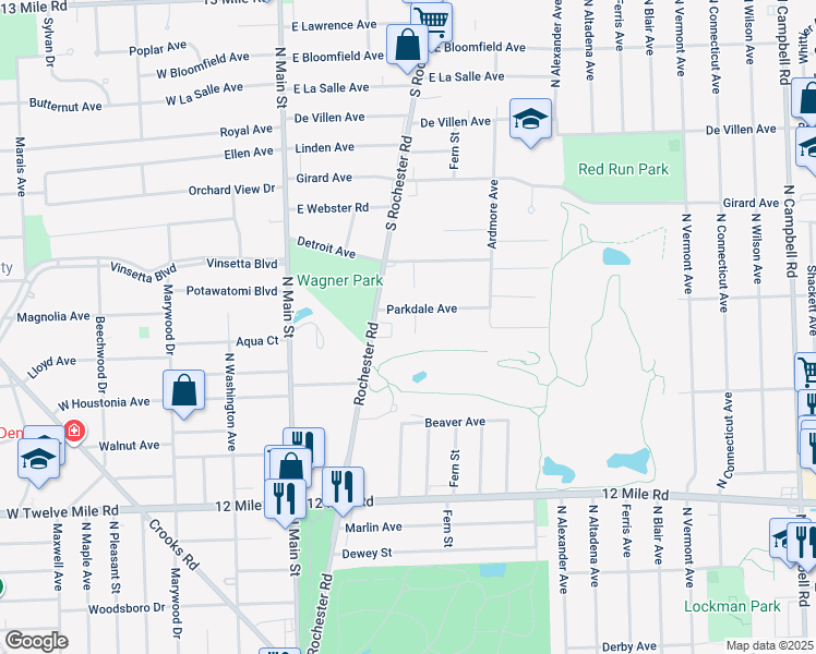 map of restaurants, bars, coffee shops, grocery stores, and more near 330 Parkdale Avenue in Royal Oak