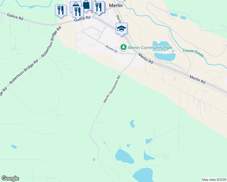 map of restaurants, bars, coffee shops, grocery stores, and more near 605 Merlin Sanitarium Road in Merlin