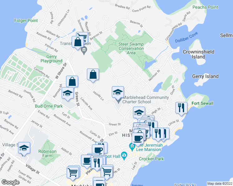 map of restaurants, bars, coffee shops, grocery stores, and more near Intrepid Circle in Marblehead