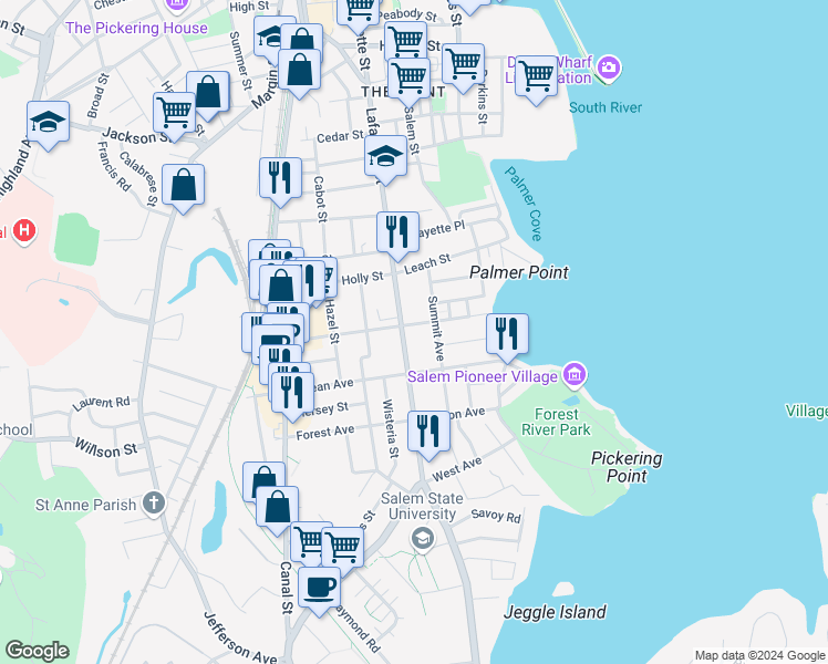 map of restaurants, bars, coffee shops, grocery stores, and more near 259 Lafayette Street in Salem