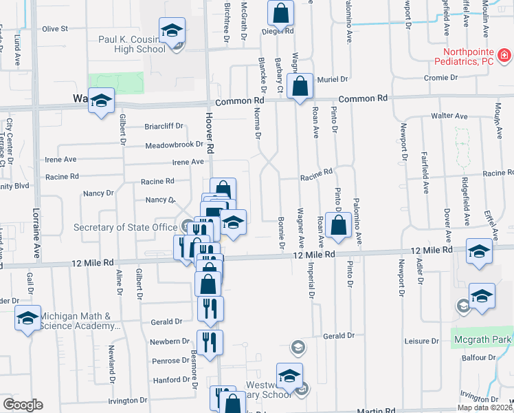 map of restaurants, bars, coffee shops, grocery stores, and more near 29329 Norma Drive in Warren
