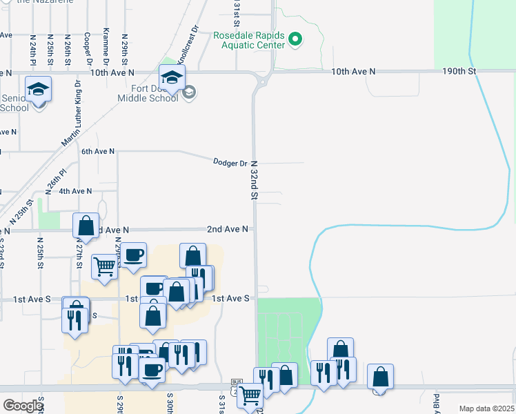 map of restaurants, bars, coffee shops, grocery stores, and more near 3239 4th Avenue North in Fort Dodge