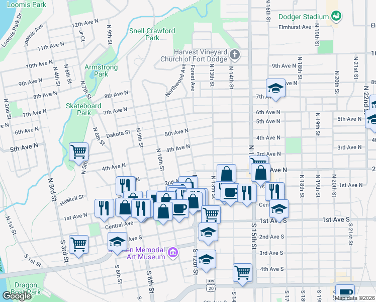 map of restaurants, bars, coffee shops, grocery stores, and more near 1124 North 4th Street in Fort Dodge