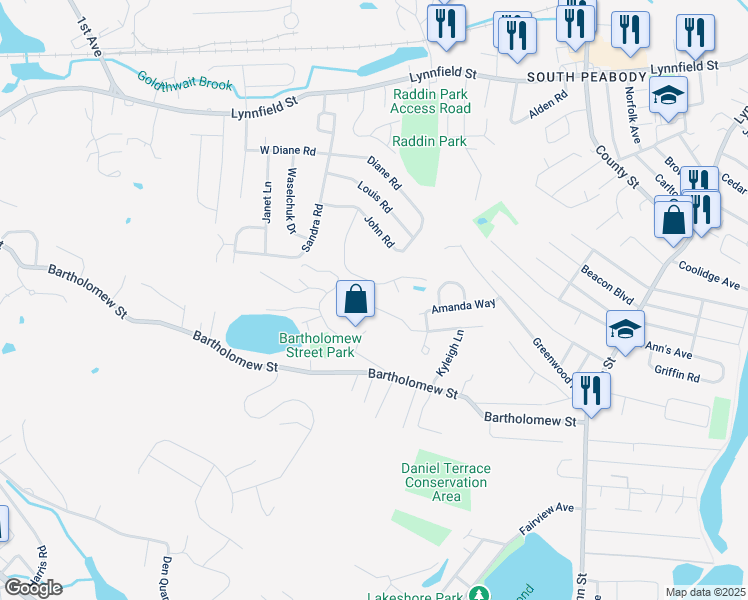 map of restaurants, bars, coffee shops, grocery stores, and more near 23 Tara Road in Peabody