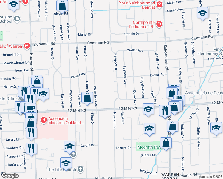 map of restaurants, bars, coffee shops, grocery stores, and more near 29337 Newport Drive in Warren