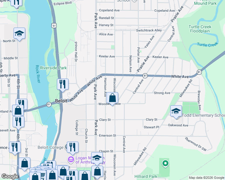 map of restaurants, bars, coffee shops, grocery stores, and more near 1100 Wisconsin Avenue in Beloit