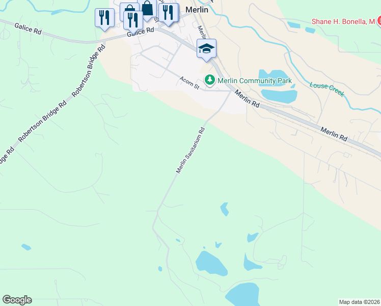 map of restaurants, bars, coffee shops, grocery stores, and more near 605 Merlin Sanitarium Road in Merlin