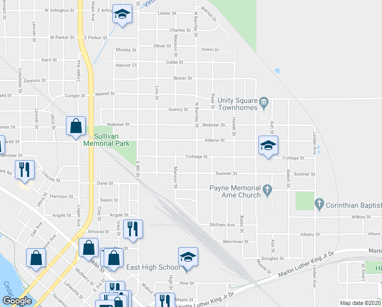 map of restaurants, bars, coffee shops, grocery stores, and more near 435 Cottage Street in Waterloo