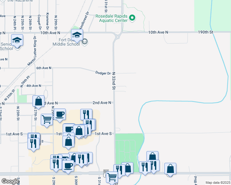 map of restaurants, bars, coffee shops, grocery stores, and more near 3239 4th Avenue North in Fort Dodge