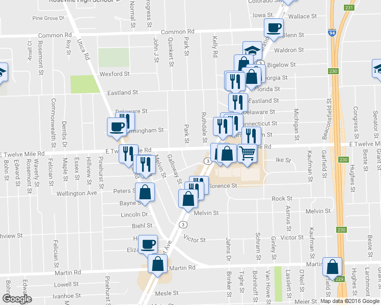 map of restaurants, bars, coffee shops, grocery stores, and more near 18524 East Twelve Mile Road in Roseville