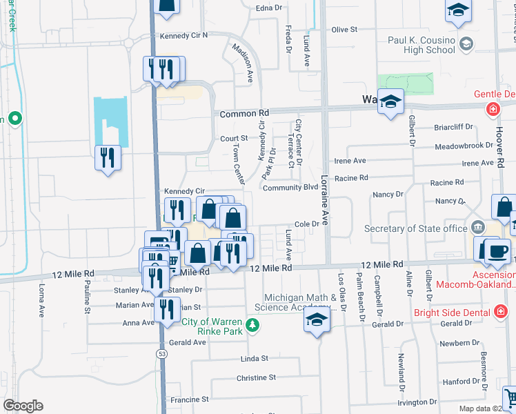 map of restaurants, bars, coffee shops, grocery stores, and more near 8387 Towne Center Circle in Warren
