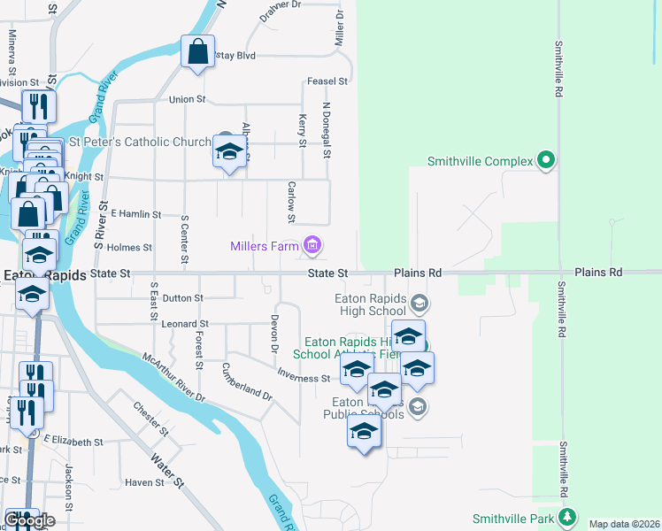 map of restaurants, bars, coffee shops, grocery stores, and more near 350 South Miller Drive in Eaton Rapids