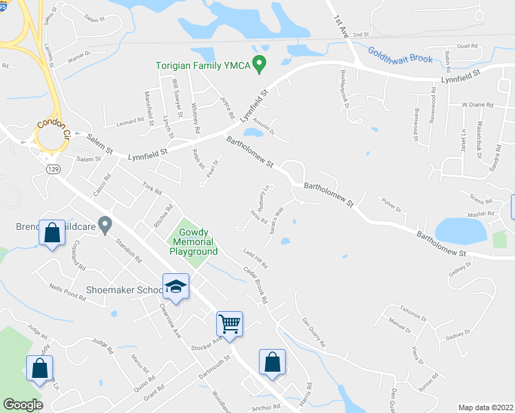 map of restaurants, bars, coffee shops, grocery stores, and more near 12 Redberry Lane in Peabody