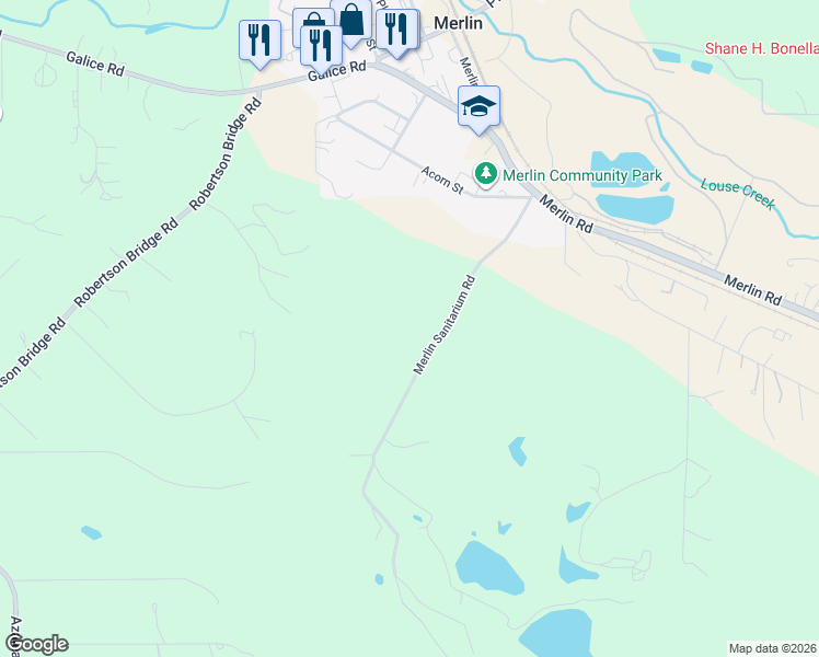 map of restaurants, bars, coffee shops, grocery stores, and more near 605 Merlin Sanitarium Road in Merlin