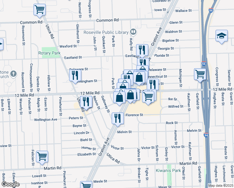 map of restaurants, bars, coffee shops, grocery stores, and more near 18536 Twelve Mile Road in Roseville