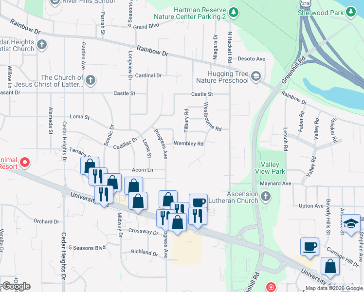 map of restaurants, bars, coffee shops, grocery stores, and more near 2020 Wembley Road in Waterloo