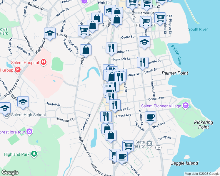 map of restaurants, bars, coffee shops, grocery stores, and more near 111 Canal Street in Salem