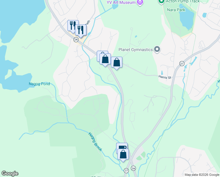 map of restaurants, bars, coffee shops, grocery stores, and more near 416 Great Road in Acton