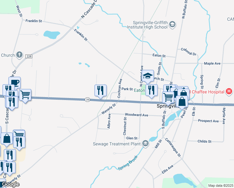 map of restaurants, bars, coffee shops, grocery stores, and more near 38 Cochran Avenue in Springville