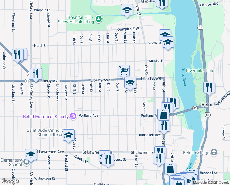 map of restaurants, bars, coffee shops, grocery stores, and more near 1030 Oak Street in Beloit