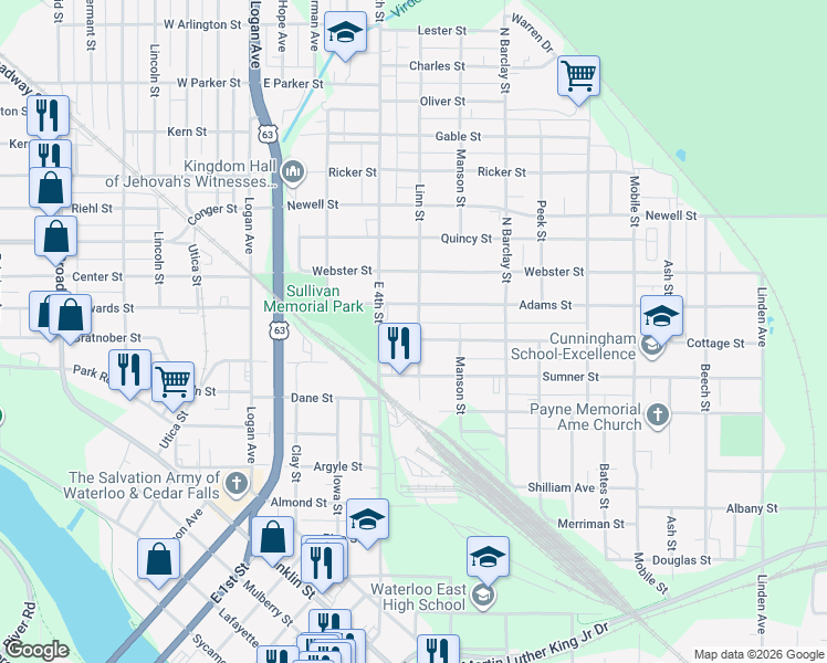 map of restaurants, bars, coffee shops, grocery stores, and more near 300-398 Linn St in Waterloo