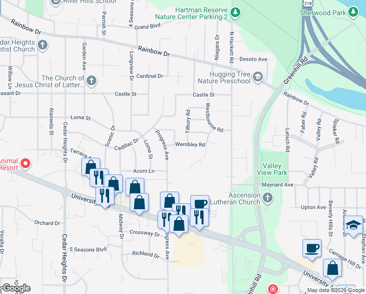 map of restaurants, bars, coffee shops, grocery stores, and more near 2020 Wembley Road in Waterloo