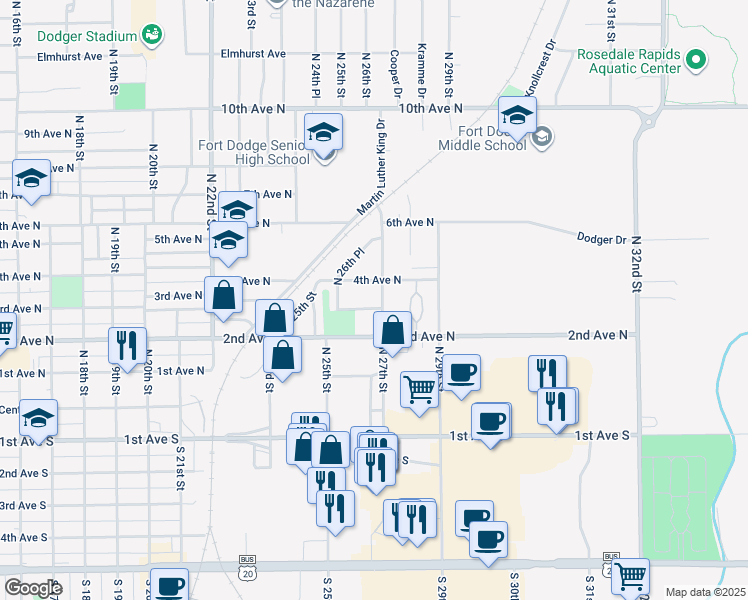 map of restaurants, bars, coffee shops, grocery stores, and more near 312 North 27th Street in Fort Dodge