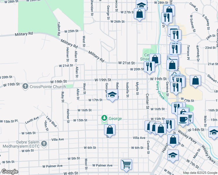 map of restaurants, bars, coffee shops, grocery stores, and more near 1815 George Street in Sioux City