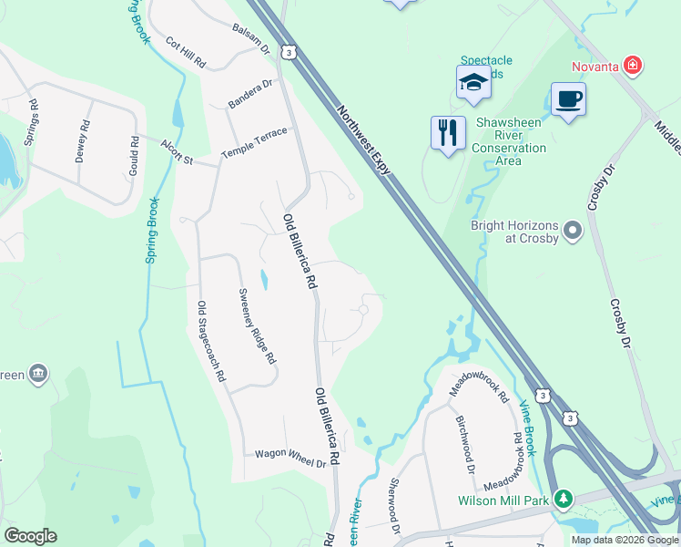 map of restaurants, bars, coffee shops, grocery stores, and more near 251C Old Billerica Road in Bedford