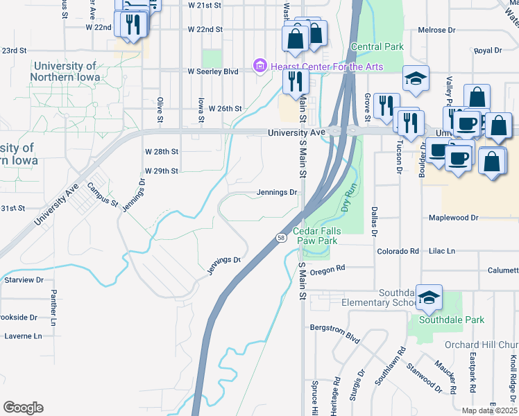 map of restaurants, bars, coffee shops, grocery stores, and more near 3025 South Main Street in Cedar Falls