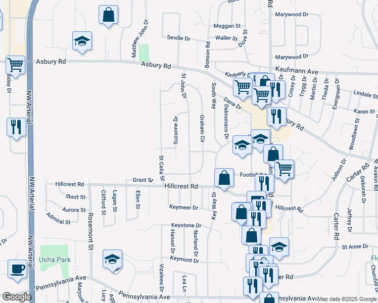 map of restaurants, bars, coffee shops, grocery stores, and more near 2185 Saint John Drive in Dubuque