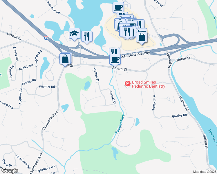 map of restaurants, bars, coffee shops, grocery stores, and more near 10 Sunset Drive in Wakefield