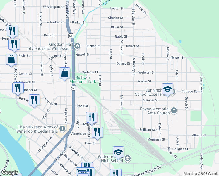 map of restaurants, bars, coffee shops, grocery stores, and more near 300-398 Linn St in Waterloo
