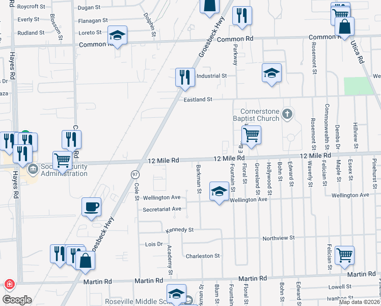 map of restaurants, bars, coffee shops, grocery stores, and more near 29080 Sandalwood Street in Roseville