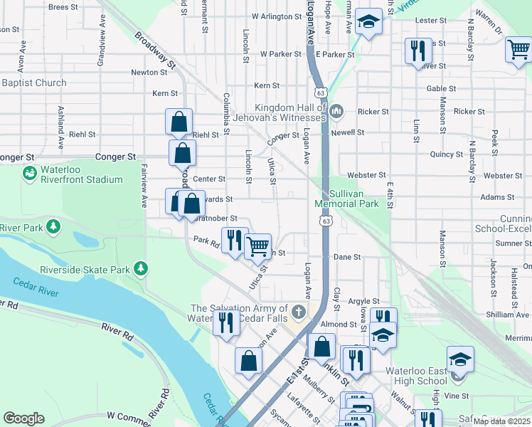 map of restaurants, bars, coffee shops, grocery stores, and more near 233 Edwards Street in Waterloo