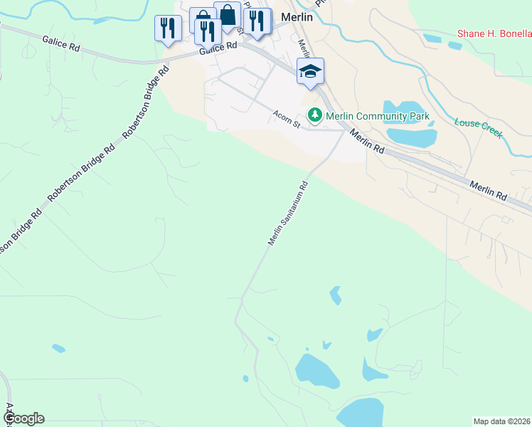 map of restaurants, bars, coffee shops, grocery stores, and more near 605 Merlin Sanitarium Road in Merlin