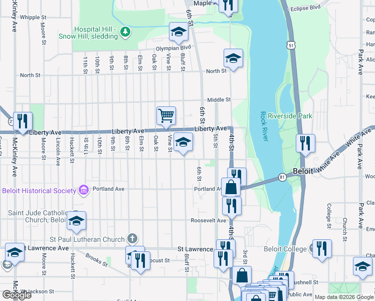 map of restaurants, bars, coffee shops, grocery stores, and more near 1031 Bluff Street in Beloit