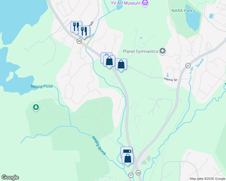 map of restaurants, bars, coffee shops, grocery stores, and more near 416 Great Road in Acton