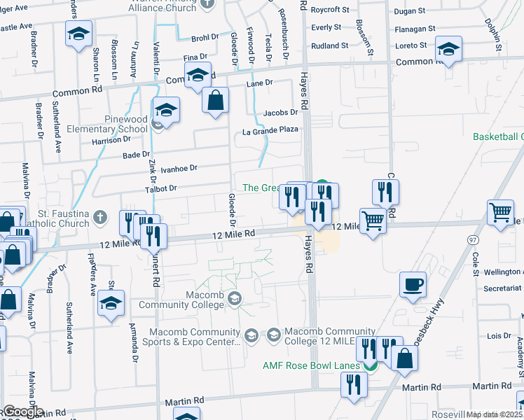 map of restaurants, bars, coffee shops, grocery stores, and more near 14895 Twelve Mile Road in Warren