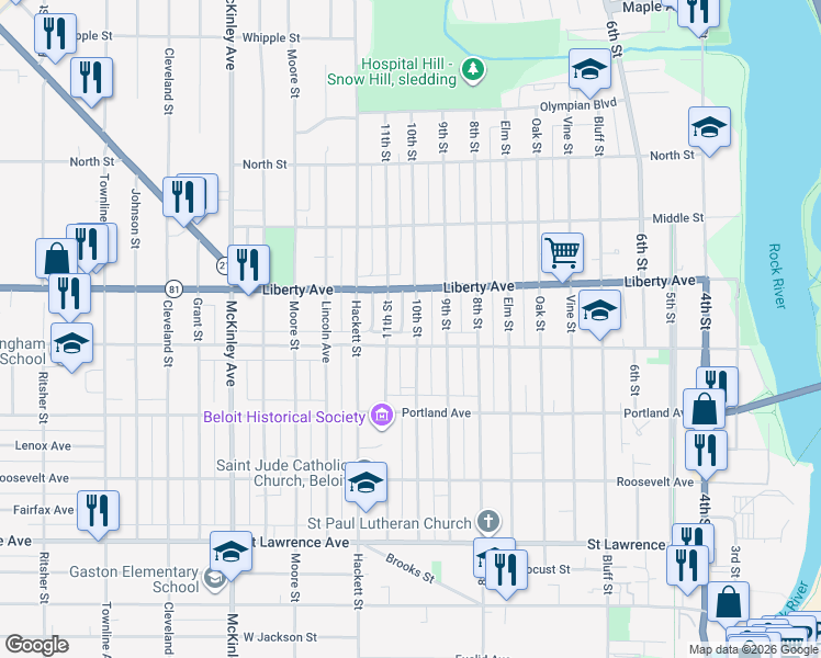 map of restaurants, bars, coffee shops, grocery stores, and more near 1029 10th Street in Beloit