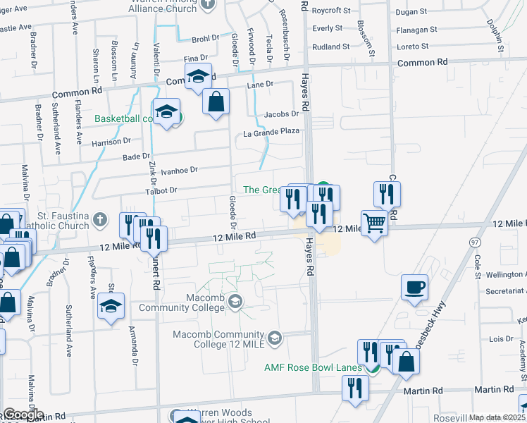 map of restaurants, bars, coffee shops, grocery stores, and more near 29173 Gloede Drive in Warren