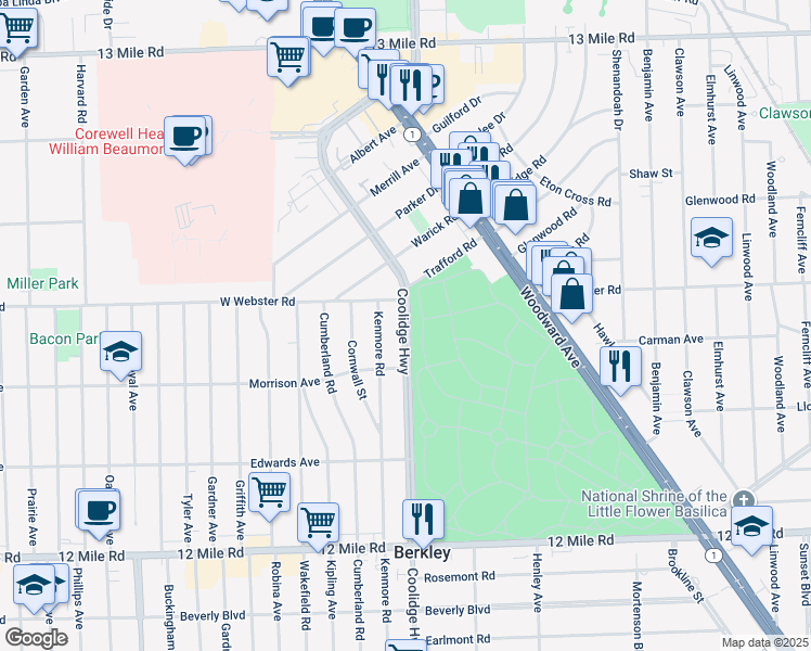 map of restaurants, bars, coffee shops, grocery stores, and more near 4240 Kenmore Road in Berkley