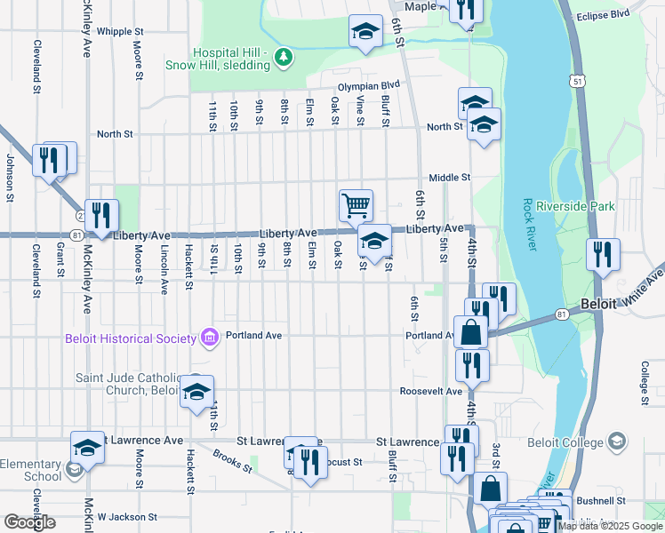map of restaurants, bars, coffee shops, grocery stores, and more near 1030 Oak Street in Beloit