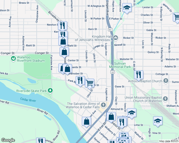 map of restaurants, bars, coffee shops, grocery stores, and more near 233 Edwards Street in Waterloo