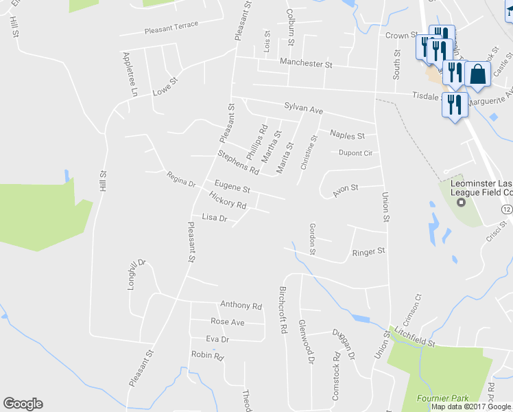 map of restaurants, bars, coffee shops, grocery stores, and more near 17 Hunter Street in Leominster