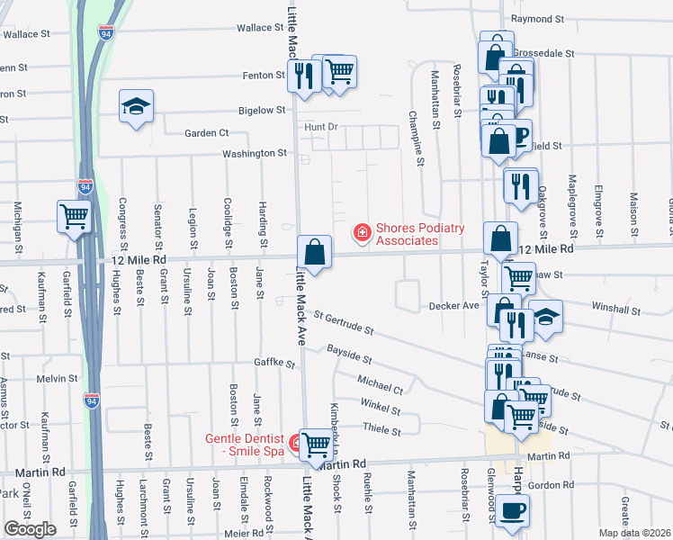 map of restaurants, bars, coffee shops, grocery stores, and more near 20920 Twelve Mile Road in St. Clair Shores