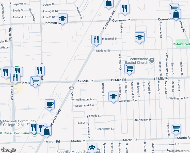 map of restaurants, bars, coffee shops, grocery stores, and more near 16425 Twelve Mile Road in Roseville