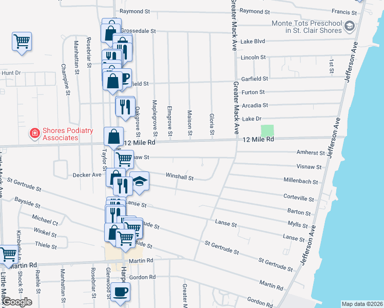 map of restaurants, bars, coffee shops, grocery stores, and more near 22219 Visnaw Street in St. Clair Shores